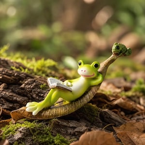 Peut inclure: Une figurine de grenouille vert clair allongée sur une feuille brune séchée, tenant un petit livre ouvert. Une minuscule créature verte texturée est posée sur le bout de la feuille au-dessus de la grenouille. Elle a un ventre blanc.