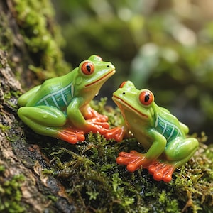 Peut inclure: Deux petites figurines de grenouilles à la peau vert vif, aux yeux orange proéminents et aux pattes orange. Les grenouilles présentent des rayures latérales blanches et bleues et sont assises, affichant une finition lisse et brillante.