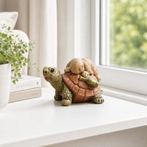 May include: A decorative figurine featuring a green turtle with a textured brown shell. A small, light brown rabbit is sleeping on the turtle's back, resting next to a miniature green glass bottle. The turtle has a detailed face with dark eyes.
