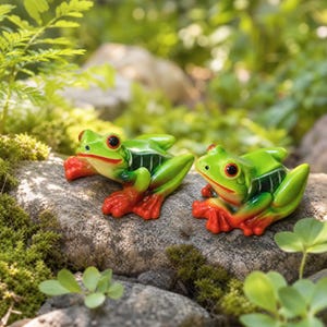 Könnte beinhalten: Zwei kleine Froschfiguren mit leuchtend grüner Haut, orangefarbenen Füßen und großen dunklen Augen. Die Frösche haben glatte, glänzende Oberflächen mit weißen Seitenstreifen und sind nebeneinander auf einer strukturierten grauen Steinoberfläche platziert.