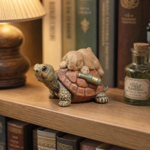 May include: A decorative figurine featuring a brown turtle with a textured shell carrying a sleeping light brown rabbit on its back. The rabbit is resting against a small green bottle placed on the turtle's shell. The turtle has a light green head.