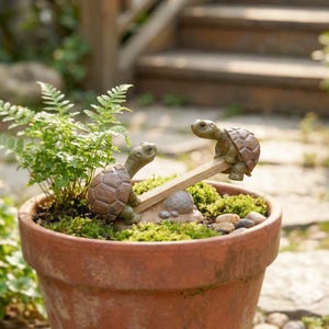 Op de afbeelding: Een terracotta plantenpot met een groene varen en mos, voorzien van twee kleine bruine schildpadbeeldjes die op een houten wip spelen. De schildpadden hebben getextureerde schilden en staan op een kleine stenen basis in de potgrond.