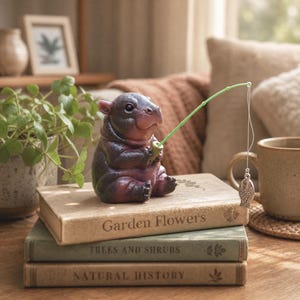 May include: A small, dark-colored hippo figurine sitting on a stack of three books. The hippo holds a thin, light green fishing rod with a silver-toned metal fish charm dangling from a white string. The books are titled Garden Flowers, Trees and Shrubs, and Natural History.