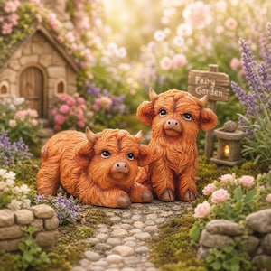 Può includere: Due statuette di mucche Highland color arancio-marrone con pelo folto, piccole corna e occhi scuri. Una mucca è sdraiata mentre l'altra è in piedi accanto su un sentiero di pietra. Le figure presentano texture dettagliate e tonalità marroni.