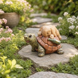 May include: A garden figurine featuring a green turtle with a textured brown shell. A small, light brown rabbit is resting on top of the turtle's shell, next to a miniature green bottle with a gold-colored cap resting on the turtle's back.
