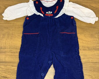 Vintage Baby Mädchen Cord-Latzhose mit gepunkteter Bluse, Set, Größe 6-9 Monate