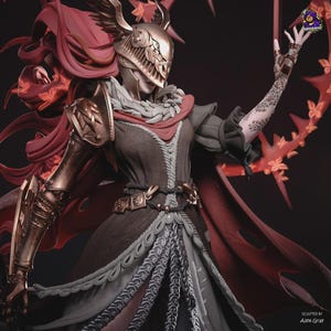 May include: A detailed figurine of a warrior wearing a metallic gold winged helmet, bronze armor plating on one arm, and a dark grey gown with intricate rope-like trim. The figure features long flowing red hair and a raised hand with textured skin.