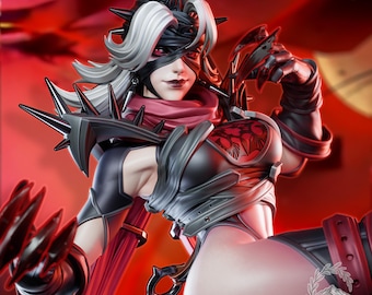 May include: A detailed collectible figurine featuring a character with white hair, a black spiked headpiece, and a red eye mask. The figure wears a black outfit with red accents, a red scarf, and sharp claw-like hand attachments against a red background.