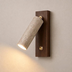 Travertine Wall Sconce | Walnut Wood Rotating Bedside Light | Wabi Sabi Adjustable Reading Lamp Boho Minimalist Decor
