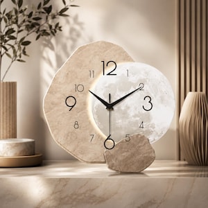Moon Wall Clock Silent, Modern Wooden Wall Clock, Quartz Movement, Minimalist Wall Decor, Bedroom Living Room, 12 Inch