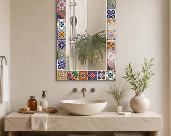 Colorful Tile Wall Mirror, Rectangular Decorative Mirror, Tempered Glass Printed Border, Bathroom Vanity Mirror, Eclectic Home Decor Accents