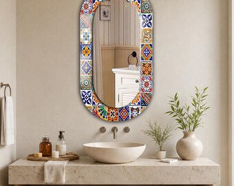 Colorful Mosaic Pattern Oval Wall Mirror, Multicolor Printed Tempered Glass Border, Modern Bathroom Vanity Mirror, Eclectic Home Wall Decor