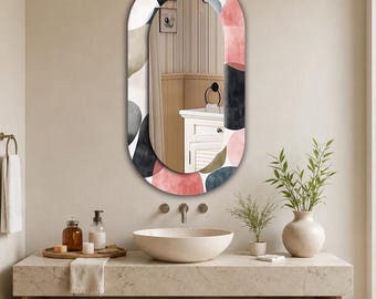 Black Coral Abstract Oval Wall Mirror, Print Tempered Glass Border, Stylish Bathroom Vanity Mirror, Contemporary Neutral Home Wall Decor Art