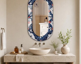 Navy Blue Mosaic Oval Wall Mirror, White Coral Printed Tempered Glass Border, Modern Bathroom Vanity Mirror, Contemporary Home Decor Accent