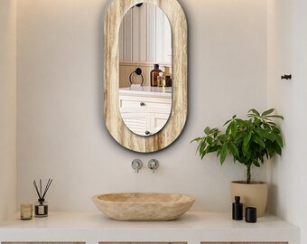 Beige Gold Wood Grain Oval Wall Mirror, Printed Tempered Glass Border, Modern Bathroom Vanity Mirror, Earthy Neutral Contemporary Home Decor