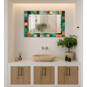 Green Mosaic Print Wall Mirror, Rectangular Decorative Mirror, Tempered Glass Border, Horizontal Bathroom Vanity Mirror, Eclectic Home Decor
