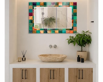 Green Mosaic Print Wall Mirror, Rectangular Decorative Mirror, Tempered Glass Border, Horizontal Bathroom Vanity Mirror, Eclectic Home Decor