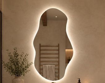 Organic LED Bathroom Mirror, Irregular Wavy Wall Mirror, Frameless Vanity Mirror, Modern Lighted Mirror, Custom Size Bathroom Wall Decor Art