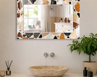 Warm Terrazzo Wall Mirror, Rectangular Decorative Mirror, Tempered Glass Printed Border, Horizontal Living Room Mirror, Modern Neutral Decor