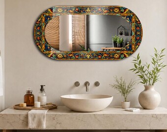 Teal Gold Floral Oval Wall Mirror, Ornamental Printed Tempered Glass Border, Horizontal Bathroom Vanity Mirror, Elegant Heritage Home Decor