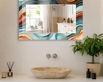 Teal Terracotta Wall Mirror, Rectangular Decorative Mirror, Tempered Glass Printed Border, Horizontal Bathroom Mirror, Modern Abstract Decor