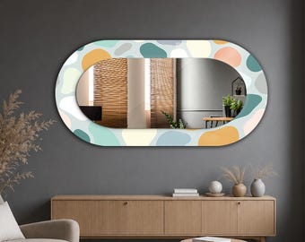 Pastel Organic Oval Wall Mirror, Mint Teal Printed Tempered Glass Border, Modern Bathroom Vanity Mirror, Soft Contemporary Home Decor Accent