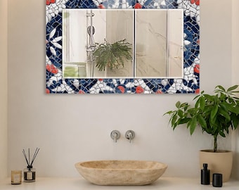 Blue White Mosaic Wall Mirror, Rectangular Decorative Mirror, Tempered Glass Printed Border, Horizontal Bathroom Mirror, Eclectic Home Decor