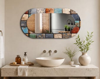 Turquoise Rust Mosaic Oval Wall Mirror, Multicolor Printed Tempered Glass Border, Modern Bathroom Vanity Mirror, Industrial Home Wall Decor