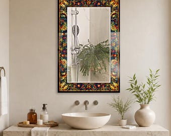Navy Floral Wall Mirror, Rectangular Decorative Mirror, Tempered Glass Printed Border, Vertical Bathroom Mirror, Ornate Colorful Home Decor