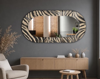 Zebra Pattern Oval Wall Mirror, Black Beige Printed Tempered Glass Border, Horizontal Bathroom Vanity Mirror, Modern Animal Print Home Decor