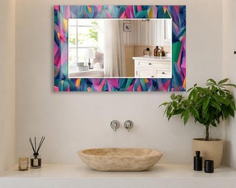 Colorful Faceted Wall Mirror, Rectangular Decorative Mirror, Tempered Glass Printed Border, Horizontal Vanity Mirror, Modern Home Decor Art