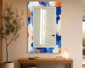 Blue Orange Abstract Wall Mirror, Rectangular Decorative Mirror, Tempered Glass Printed Border, Horizontal Living Room Mirror, Modern Decor