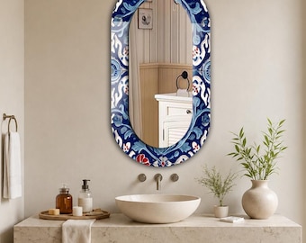 Blue Floral Oval Wall Mirror, Navy White Printed Tempered Glass Border, Modern Bathroom Vanity Mirror, Traditional Inspired Home Wall Decor