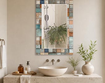 Teal Mosaic Wall Mirror, Rectangular Decorative Mirror, Tempered Glass Printed Border, Vertical Bathroom Vanity Mirror, Rustic Modern Decor