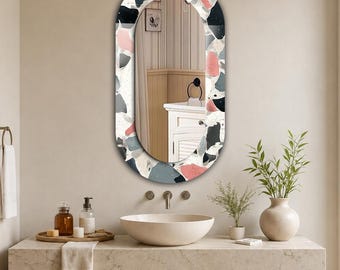 Terrazzo Oval Wall Mirror, Blush Gray Printed Tempered Glass Border, Modern Bathroom Vanity Mirror, Neutral Contemporary Home Wall Decor Art