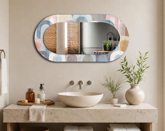 Pastel Arch Oval Wall Mirror Blush Blue Printed Tempered Glass Border, Horizontal Bathroom Vanity Mirror, Soft Modern Neutral Home Decor Art
