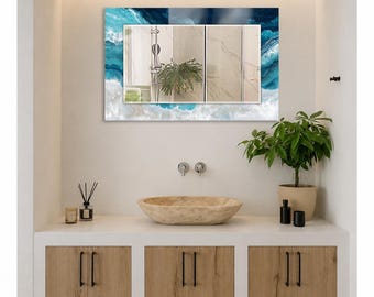 Turquoise Ocean Wall Mirror, Rectangular Decorative Mirror, Tempered Glass Printed Border, Horizontal Bathroom Mirror, Coastal Modern Decor