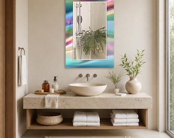 Pastel Iridescent Wall Mirror, Rectangular Decorative Mirror, Tempered Glass Printed Border, Vertical Bathroom Mirror, Modern Colorful Decor