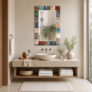 May include: A rectangular wall mirror featuring a frame composed of small, square, multi-colored tiles in shades of blue, red, orange, and cream. The tiles have a textured, weathered appearance, and the mirror reflects a shower head and a green plant.