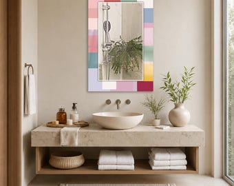 Pastel Color Block Wall Mirror, Rectangular Decorative Mirror, Tempered Glass Printed Border, Horizontal Bathroom Mirror, Modern Home Decor