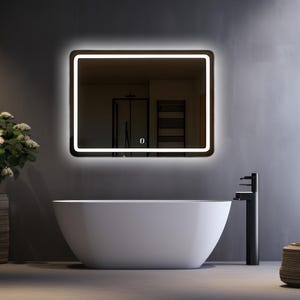 Rectangular LED Bathroom Mirror, Rounded Corner Vanity Mirror, Touch Sensor Lighted Wall Mirror, Modern Backlit Mirror, Spa Bath Decor Gift