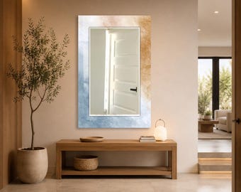 Blue Beige Watercolor Wall Mirror, Rectangular Decorative Mirror, Tempered Glass Printed Border, Vertical Bathroom Mirror, Modern Home Decor