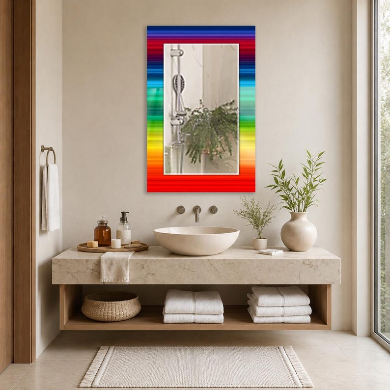 May include: A rectangular wall mirror featuring a vibrant, multi-colored border with horizontal stripes in shades of red, orange, yellow, green, blue, and purple. The reflective surface shows a shower head and a green plant in a bathroom setting.