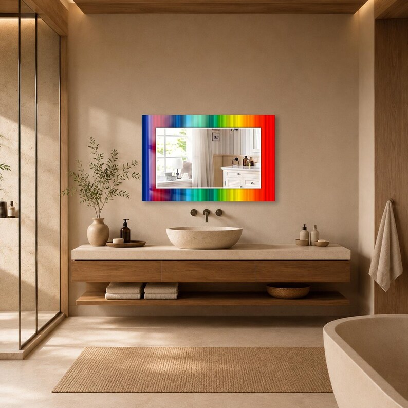 May include: A rectangular wall mirror featuring a vibrant, multi-colored rainbow border with vertical stripes in shades of blue, green, yellow, orange, and red. The central reflective glass surface provides a clear view of a bathroom interior.