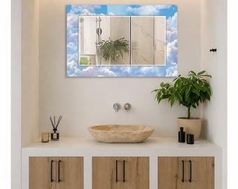 Cloudscape Wall Mirror, Rectangular Decorative Mirror, Tempered Glass Printed Border, Horizontal Living Room Mirror, Dreamy Blue Home Decor