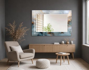 Blue Gold Agate Wall Mirror, Rectangular Decorative Mirror, Tempered Glass Printed Border, Horizontal Living Room Mirror, Modern Glam Accent