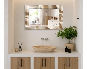 Beige Abstract Wall Mirror, Rectangular Decorative Mirror, Tempered Glass Printed Border, Bathroom Vanity Mirror, Modern Neutral Home Decor