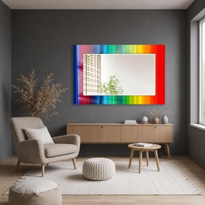 May include: A rectangular wall mirror featuring a vibrant, multi-colored vertical striped border that transitions through the spectrum of colors including red, orange, yellow, green, blue, and violet, surrounding a clear, reflective glass center.