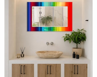 Rainbow Gradient Wall Mirror, Rectangular Decorative Mirror, Tempered Glass Printed Border, Horizontal Bathroom Mirror, Modern Rainbow Decor