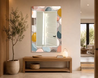 Pastel Pebble Wall Mirror, Rectangular Decorative Mirror, Tempered Glass Printed Border, Vertical Bathroom Mirror, Modern Organic Home Decor